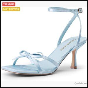 Satin Bow Heeled Sandals with Square Toe and Ankle Strap